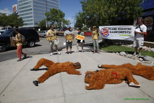 Activisten in orang-oetanpakken voor een Burger King vanwege het gebruik van palmolie. De productie daarvan 'vreet' regenwoud. Bron: Greenpeace USA 2013, Flickr